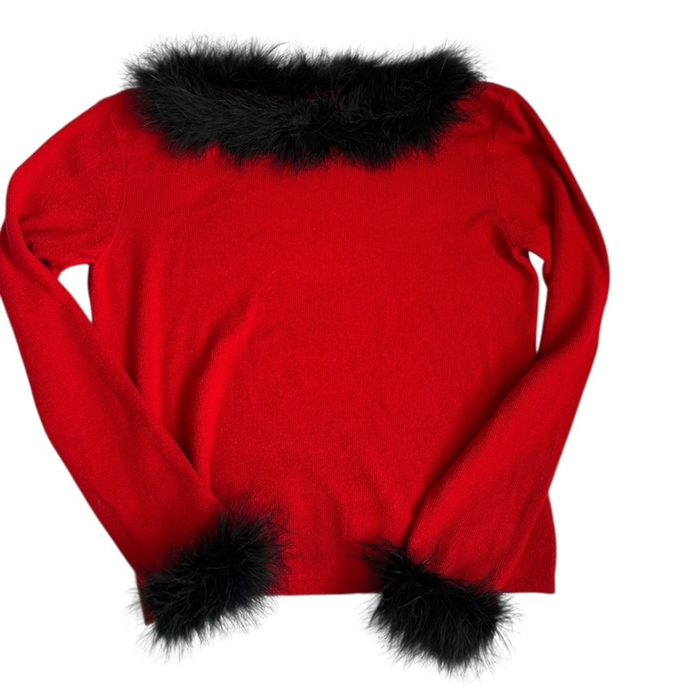 Vintage Red Black Feather Collar sleeve Sweater Holidays Photoshoot Sz M petite